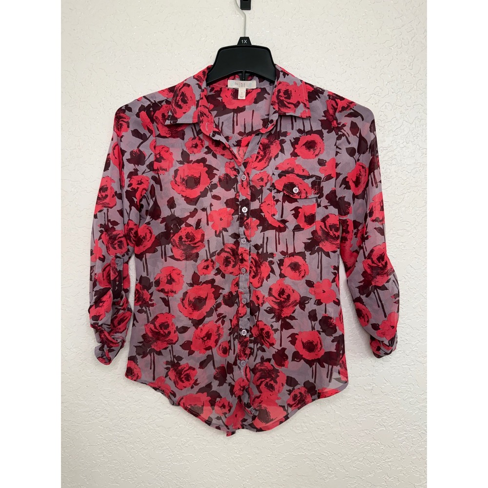 Love Fire Womens Sheer Red Floral Rose Button‎ Down Blouse Roll Tab Sleeve S